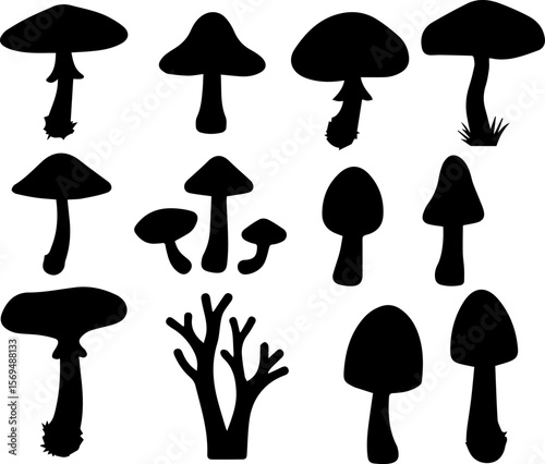 Mushroom Silhouettes Set 12 Fungi Nature Vector Icons