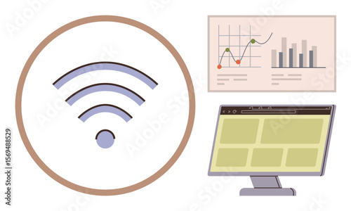 wireless signal icon, data charts showing growth trends, computer screen with grid layout. Ideal for connectivity, communication, analytics, technology, network optimization, data insights digital