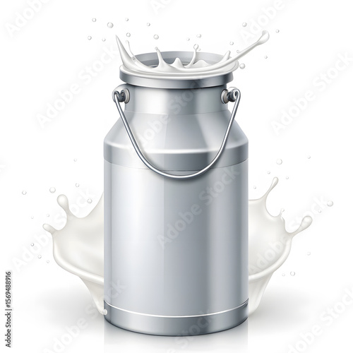 milk can with milk splash isolated on white background