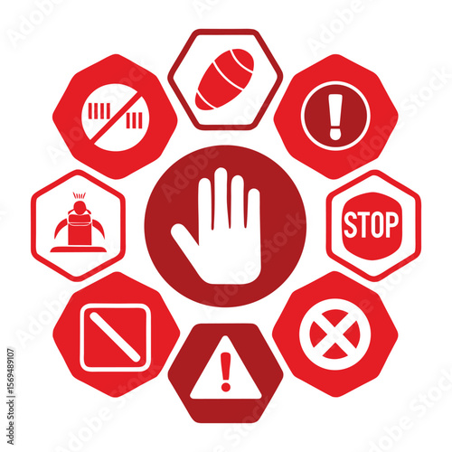 Stop Sign Icon Set – Red Warning Signs with White Hand Symbol and Do Not Enter