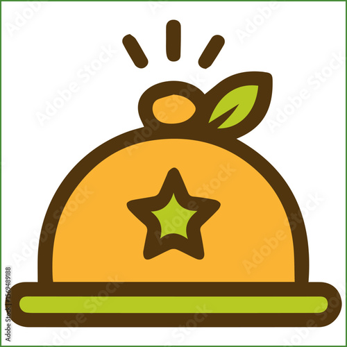 Flat vector icon of a golden serving cloche with a star emblem, featuring a knob and bold brown outline for hospitality themes.

