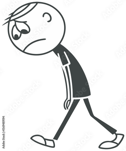 Sad stick figure person with slumped shoulders and drooping head walking slowly isolated on transparent background