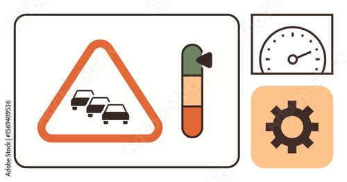 Traffic congestion warning triangle, fuelelectricity gauge, speedometer, and gear symbol. Ideal for road safety, transport management, driving tips, driving education, logistics optimization vehicle