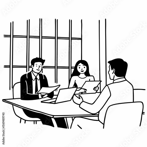 Professional male lawyer financial advisor consulting happy family couple clients in modern office. Interested young customers meeting realtor broker bank worker, discussing agreement or deal