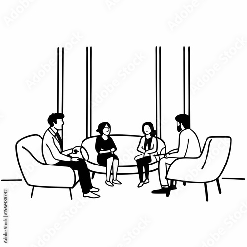 Professional male lawyer financial advisor consulting happy family couple clients in modern office. Interested young customers meeting realtor broker bank worker, discussing agreement or deal