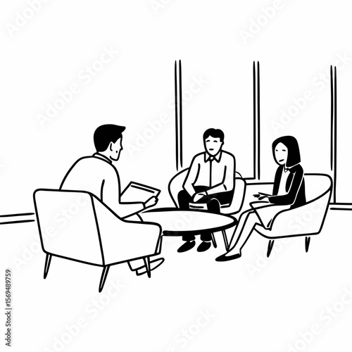 Professional male lawyer financial advisor consulting happy family couple clients in modern office. Interested young customers meeting realtor broker bank worker, discussing agreement or deal