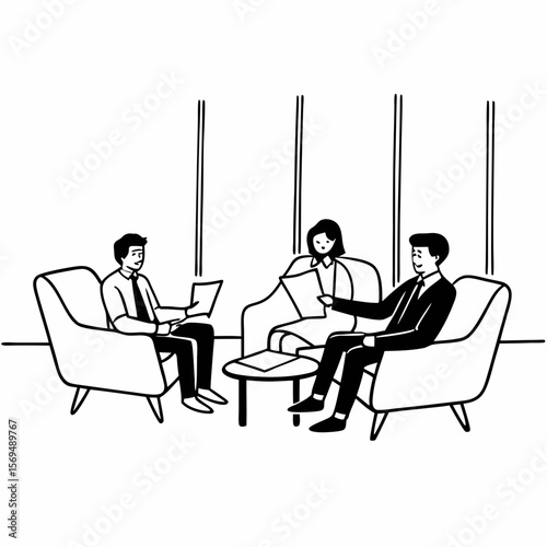 Professional male lawyer financial advisor consulting happy family couple clients in modern office. Interested young customers meeting realtor broker bank worker, discussing agreement or deal