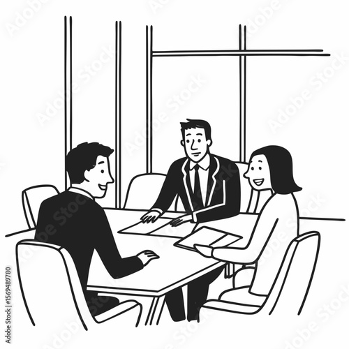 Professional male lawyer financial advisor consulting happy family couple clients in modern office. Interested young customers meeting realtor broker bank worker, discussing agreement or deal