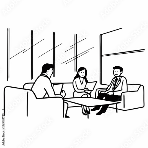Professional male lawyer financial advisor consulting happy family couple clients in modern office. Interested young customers meeting realtor broker bank worker, discussing agreement or deal