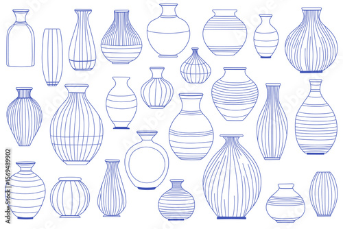 Set of decorative ceramic vase line drawings. Minimalist hand-drawn outline style, ideal for home decor, pottery design, and interior concepts.