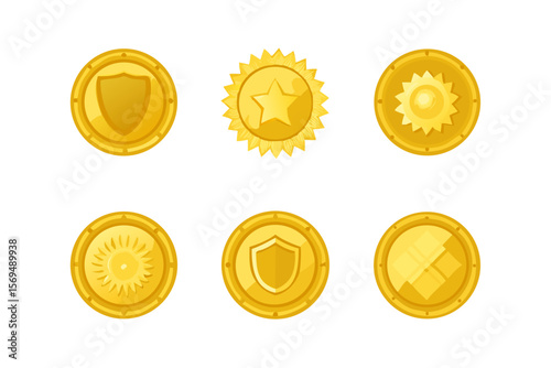 Collection of golden coins tokens awards with star shield and sun vector design