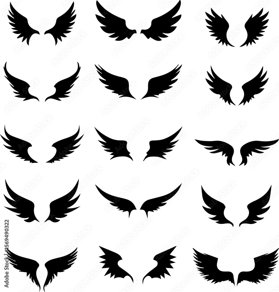 Obraz premium Stylized Wing Silhouettes Set 12 Modern and Mythical Vector Icons
