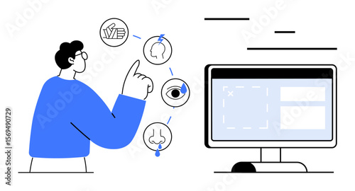 Man pointing at sensory icons illustrating taste, smell, sight, and touch with a computer on the side. Ideal for learning, sensory input, technology interaction, decision-making, UXUI design
