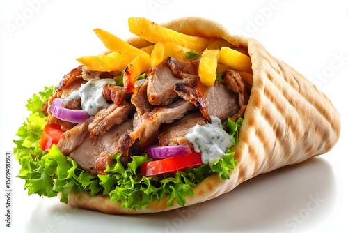 A classic Greek gyros with chicken, french fries, tzatziki, tomato, red onion and lettuce isolated on a white background