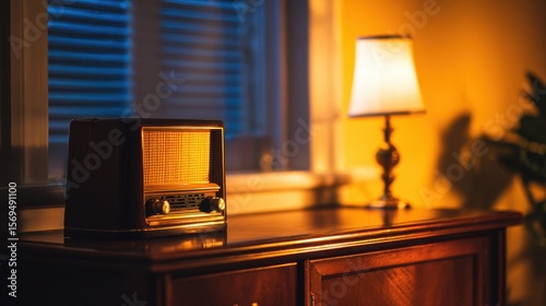 Vintage radio on a wooden table illuminated by warm light, creating a cozy atmosphere at dusk