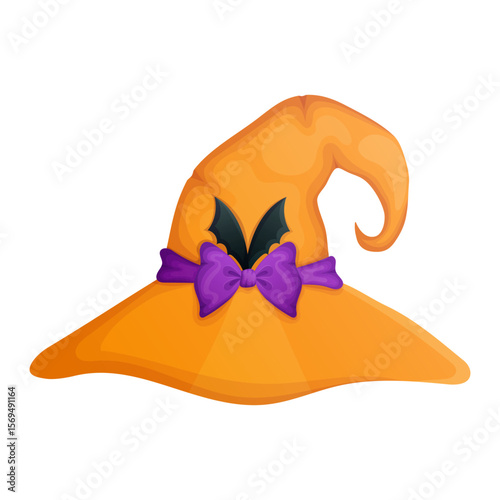 Halloween witch hat with bat wings and bow decoration. Magical accessory cartoon illustration.