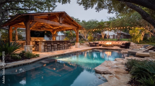 Outdoor backyard oasis with pool and gazebo