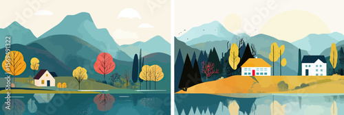Minimalist vector rural landscape with colorful trees, houses near lake and mountains reflecting on water, peaceful nature scenery panorama for background or poster design