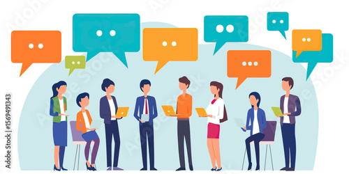 Business people communicating in team meeting with laptops and tablets in office with colorful speech bubbles and digital conversation concept vector illustration