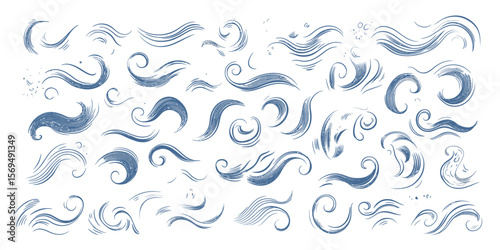 Set of hand drawn wind swirl doodle lines, air flow wave and spiral vector elements in blue sketch style for weather and nature design concepts on white background
