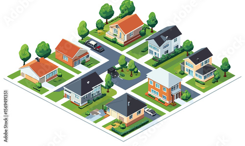 Isometric suburban neighborhood with modern single family houses green lawns trees cars and streets in flat minimalist vector style illustration