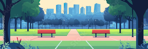 Modern city park landscape with jogging paths benches green trees urban skyline in background flat design vector illustration