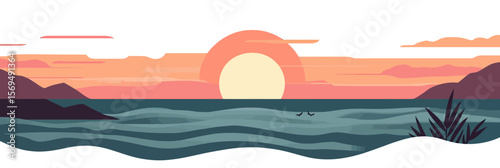 minimalistic flat vector illustration of ocean waves at sunset with distant mountains and plants foreground horizon nature landscape design background