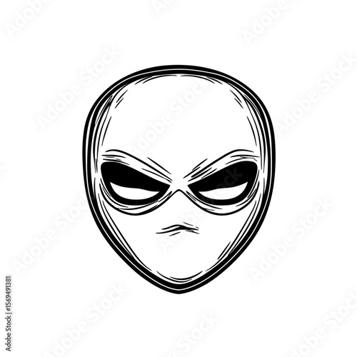 Minimalist black and white hand drawn alien face with masked eyes and expressionless mouth vector illustration isolated on white background for sci fi and mystery concepts