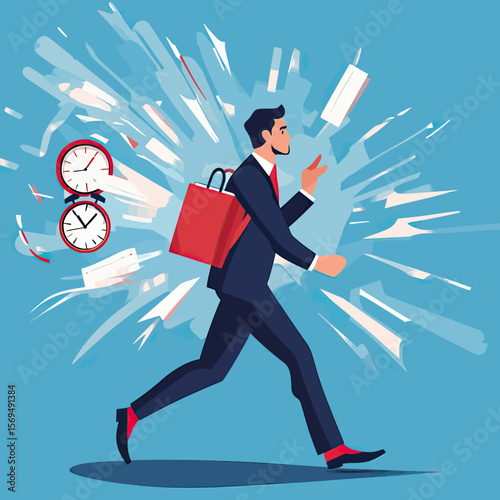 Business man running with briefcase against exploding clocks and flying documents illustrating time pressure and deadline stress concept in flat vector style