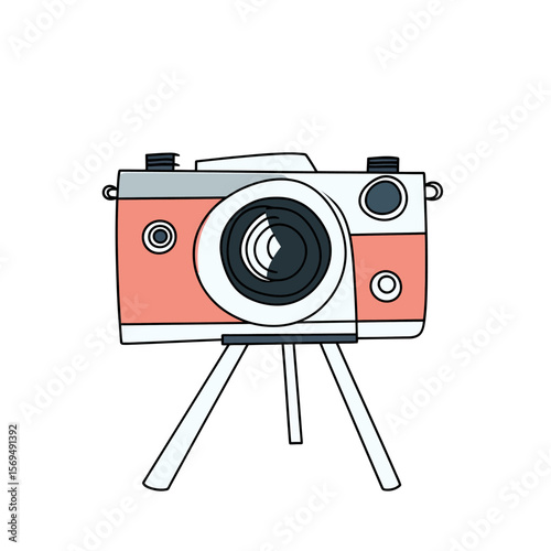 Minimalist retro style vintage camera with lens on tripod drawing isolated on white background photography equipment illustration digital vector art