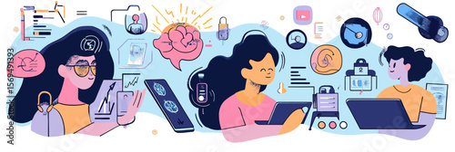 People using artificial intelligence technology and digital devices for content creation, communication, and data analysis in business and marketing flat vector illustration