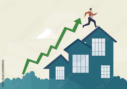 Businessman running on rooftops of increasing house sizes with upward green graph arrow symbolizing real estate market growth and property value rise concept vector flat design