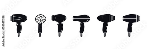 Set of black hair dryer icons in minimalist flat line style showing various shapes and angles isolated on white background for hair care and beauty tool design concepts
