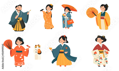 Collection of Japanese women in traditional kimono clothing holding umbrellas and fans in various poses and styles isolated on white background vector illustration