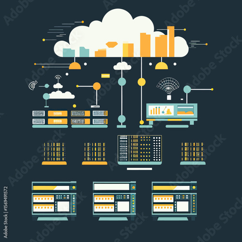Cloud computing data center infrastructure with server storage network connection and digital data analytics dashboard in flat design vector illustration