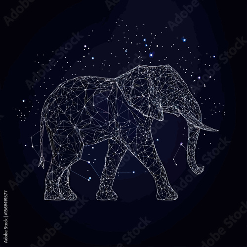 Geometric polygonal elephant silhouette composed of constellation star lines and points on dark cosmic background vector illustration design