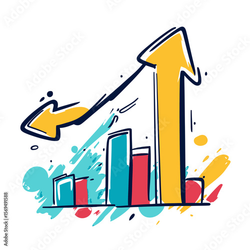 Hand drawn colorful bar chart with rising and falling arrows sketch style illustration of financial growth and decline concept in flat minimalist vector design