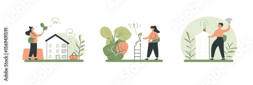 People using smart home technology and wireless signals for energy management and environmental sustainability in flat minimalist style vector illustration