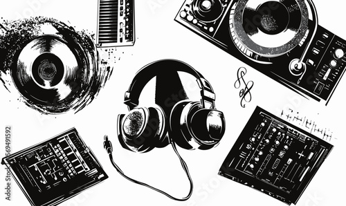 Monochrome vector illustration of DJ turntables mixer headphones and keyboard music equipment with vintage grunge style details