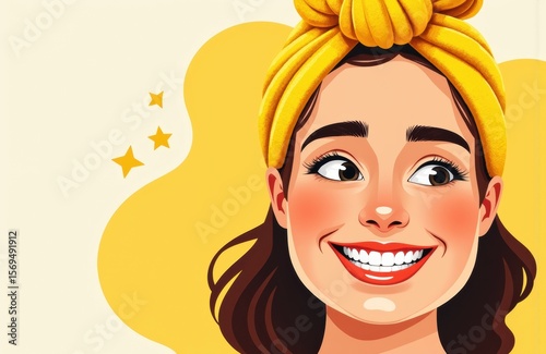 A cheerful woman with a bright smile wearing a yellow headwrap and a playful expression