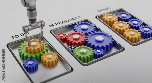 Automated workflow system with gears moving from 'to do' to 'done', depicting efficient task progression and process optimization in an industrial setting.