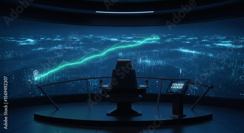 Futuristic Command Center with Holographic Data Display and Ascending Growth Graph Representing Business Success and Digital Innovation