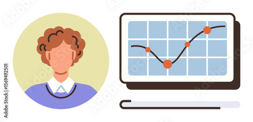 Person with curly hair in a portrait adjacent to a line graph with upward trajectory and data points. Ideal for analytics, performance, growth, data analysis, education, business, decision-making