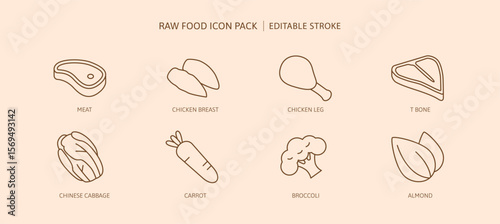 Raw food icon set including meat,chicken breast, beef, t bone, cabbage, carrot, broccoli, almond for health care cooking. Protein and vitamin fiber clean food for healthy nourishment outline icons.