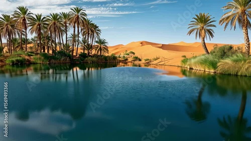 Serene oasis surrounded by palm trees and golden sand dunes in the desert under a bright blue sky