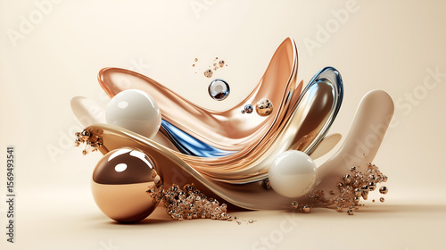 Fluid abstract forms with glossy spheres and soft splashes in golden, beige and blush tones. Minimalist composition on a neutral background. Elegant, modern and airy 3D aesthetic.