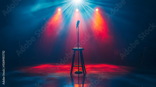 Stage setup for stand-up comedy with a microphone and stool, featuring reflectors' rays, high-contrast image