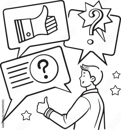 Vector illustration of man giving feedback with thumbs up and question icons in speech bubbles, outline style