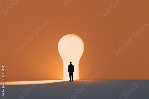 Solitary figure stands at illuminated keyhole entrance, symbolizing opportunity, hope, future possibilities and access.