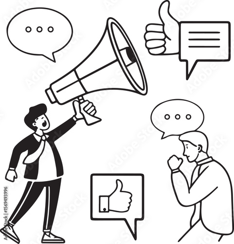Vector illustration of man giving feedback with thumbs up and question icons in speech bubbles, outline style